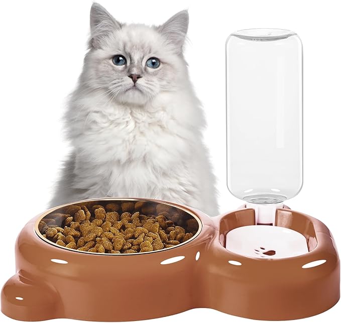 Dog Bowls, Cat Food and Water Bowl Set with Water Dispenser and Stainless Steel Bowl for Cats and Small Dogs - Brown