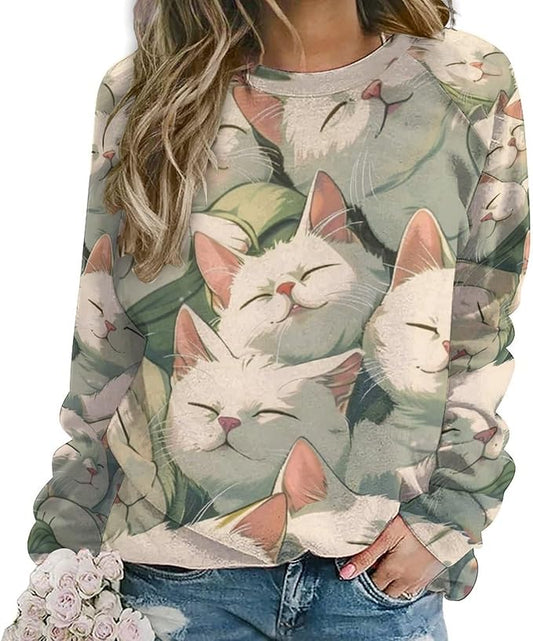 Womens Long Sleeve Tops Y2k Japanese Art Print Sweatshirts Fall Pullover for Women Crewneck Vintage Shirts Boho Tops