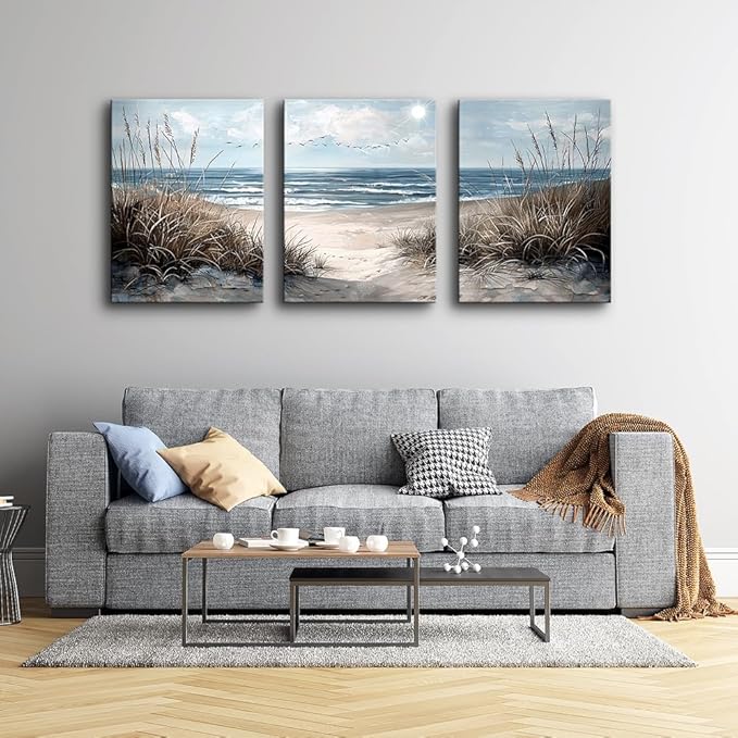 TTHYUEWS Canvas Wall Art For Living Room Wall Decor For Bedroom Modern Office Canvas Art Office Decor Blue Sea Beach Wall Paintings Prints Pictures Artwork Ready To Hang Home Decor 20" X 28"3 Piece
