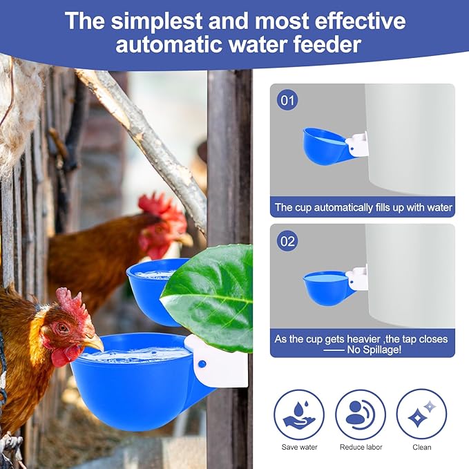 Chicken Waterer Cups (8 Pack/Blue) - DIY Automatic Large Chicken Water Feeder for Ducks,Chicks, Turkeys, Quail, Bunny, Bird and Other Various Poultry Dispenser with Matching Drill