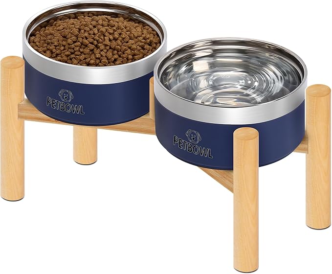 UPSKY Elevated Dog Bowls – 27oz Stainless Steel Anti-Spill Set with Wooden Stand, Double Raised Bowls for Small/Medium Dogs to Reduce Neck Strain & Improve Digestion