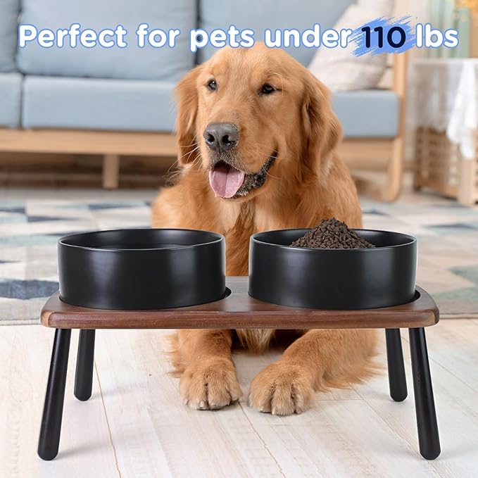SPUNKYJUNKY Ceramic Elevated Dog Bowls Raised with Acacia Bamboo Wooden Stand, 8.3'' Dog Food Water Bowls Set Non-Slip for Medium Large Sized Breed Microwave Dishwasher Safe - 60 OZ,Black