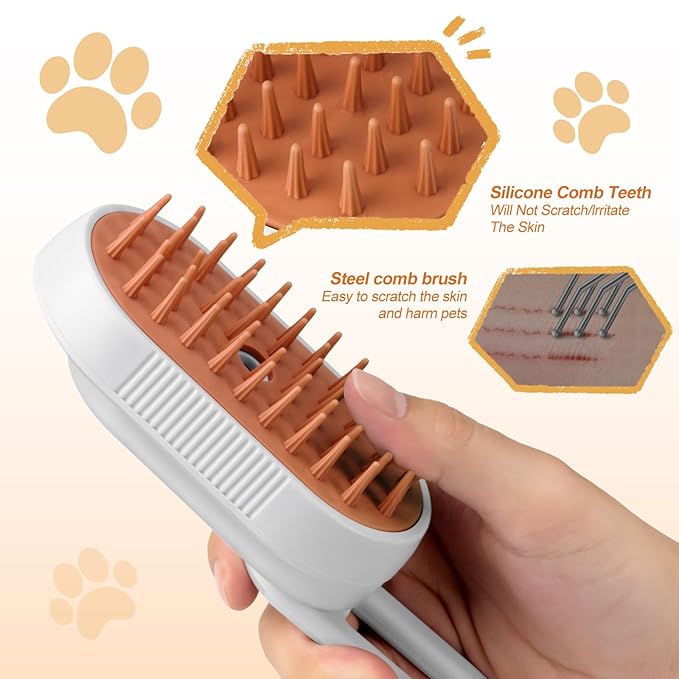 Steam Brush for Cat & Dog – 3-in-1 Spritz Pet Spray Hair Removal Comb for Grooming & Shedding Steam – Water Brush for Long & Short Haired Pets– Includes Two Bottles Waterless Shampoo