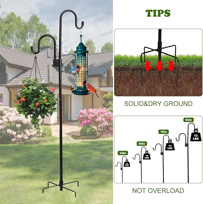 Shephard Hooks Outdoor 76 Inches for Lanterns Double Hooks Heavy Duty Shepherd Stand Plant Hanger Yard Hooks for Solar Lights,Bird Feeder Wedding Adjustable Height&Hooks Powder Coated