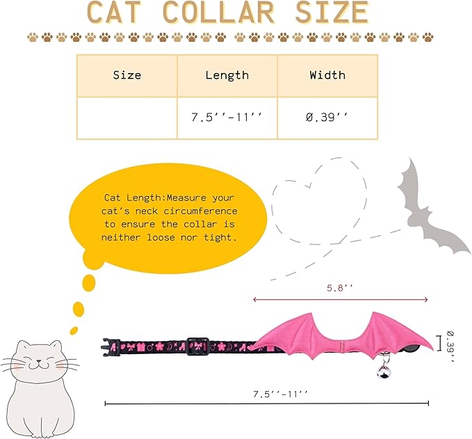 1 PC Bat Wing Cat Collar with Bell, Adjustable Kitten Collar with Safety Breakaway Buckle for Boy&Girl Cats, Halloween Christmas Cat Accessories for Kitten Puppy