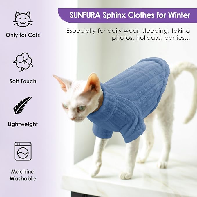 SUNFURA Sweaters for Cats, Hairless Sphynx Sweater Kitten Pullover with Sleeves, Warm and Soft Cat Pajamas Fleece Sweatshirt Jumpsuit, Turtleneck Clothes for Fall Winter, Blue S