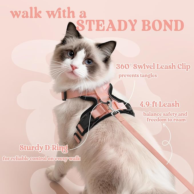 rabbitgoo Cat Harness and Leash for Walking, Escape Proof Soft Adjustable Vest Harnesses for Cats, Easy Control Breathable Reflective Strips Jacket, Light Salmon Pink, S