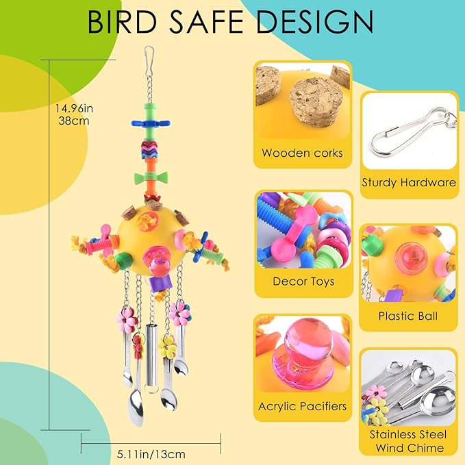 KATUMO Bird Toys, 2PCS Parrot Pull Spoons Colorful Acrylic Stick Chew Toys for Amazon Parrot, Parakeet, African Grey, Conure, Caique, Quaker, Small Cockatoo, Mini Macaw, Eclectus and Similar Birds
