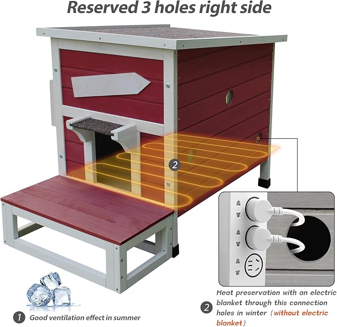 Rockever Outdoor Cat House, Large Outdoor Houses for Feral Cats Wooden Outside Cat Shelter Weatherproof with Escape Door-Red