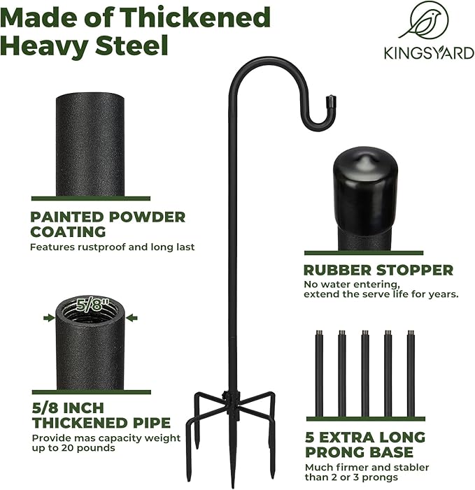 Kingsyard 2 Pack Adjustable Shepherd Hooks for Outdoor - 92" Heavy Duty Bird Feeder Pole with 5 Prong Base, Hummingbird Feeder Stand, Garden Plant, Weddings Decor, Halloween Solar Light Lanterns