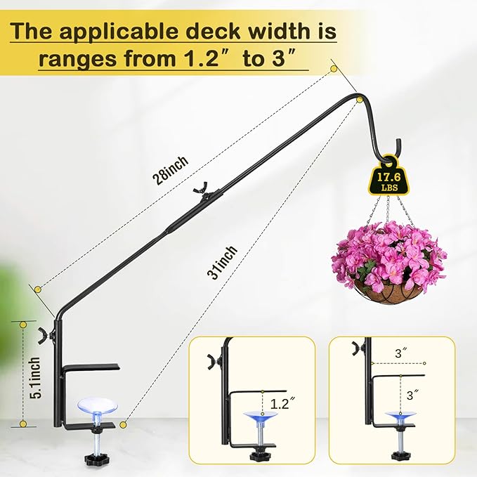 Heavy Duty Deck Hook, 31 Inch Deck Bird Feeder Hanger for Railing, Extended Metal Deck Hooks for Hanging Bird Feeders, Plants, Wind Chimes, Suet Baskets, Lanterns, 360° Swivel, Clamp Mounted, 2 Pack
