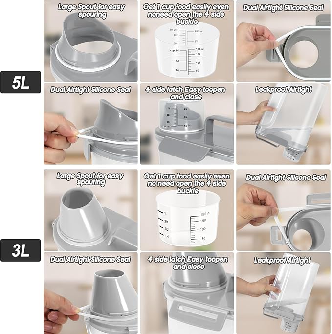 Dog Food Storage Container, Upgraded Large Nozzle BPA-free, 8-12 LBS Plastic Pet Food Storage Containers, With 4 Sealed Clasps, 1 Measuring Cup and Handle, Easy to Clean and Carry -2 Packs