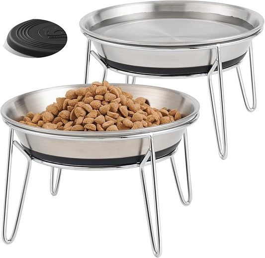 Cat Food Bowls, 2 Pcs Stainless Steel Cats Food and Water Whisker Fatigue Shallow Dishes, Small Dog Puppies Fat Faced Cat Kitten Supplies (2 Non-Slip Bowls with Stand)