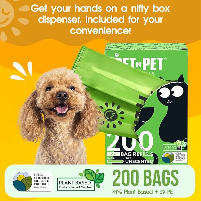 Pet N Pet 200 Counts Unscented Dog Poop Bags Rolls with Tie Handles, 38% Plant Based & 62% PE Poop Bags for Dogs, Extra-Thick Doggie Poo Bag, Pet Waste Bag