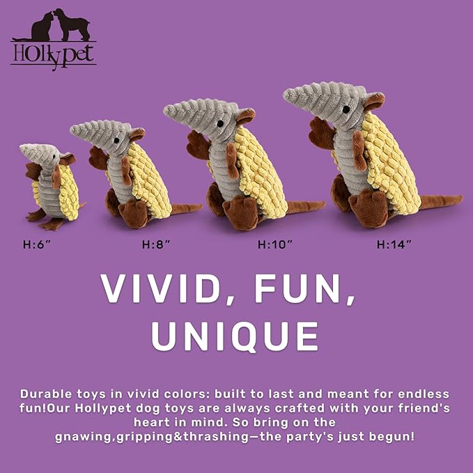 Hollypet Plush Dog Squeaky Toy Stuffed Armadillo Animal Pet Puppy Chew Toys with Clean Teeth for Small Medium Large All Breed Sizes Dogs, Yellow, 8 in