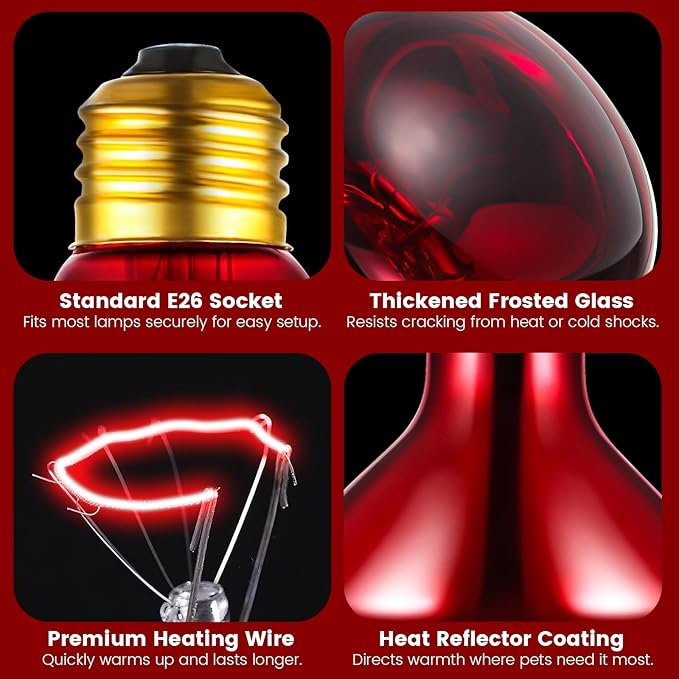 2-Pack 150W Infrared Heat Lamp - Reptile Heat Emitter, Red Heat Bulb for Chicked, Snake & Leopard Gecko, E26 Base