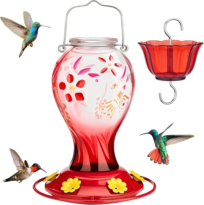 Kingsyard Hummingbird Feeder for Outdoors, Glass 26 oz Leak Proof Feeder with Ant Moat & 6 Ports, Hanging Bird Feeder for Garden Decor, Red