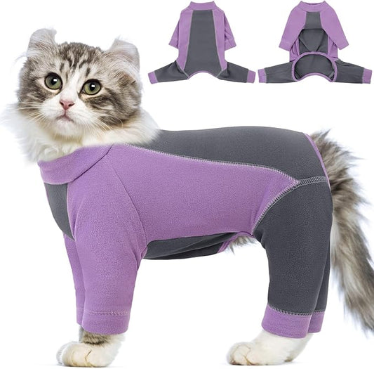 SUNFURA Hair Sticky Cat Clothes, Cat Sweater for Cats Only, 4-Legged Fleece Sweaters Kitten Pajamas Reduce Shedding Fur, Warm Pullover Shirts for Cats, Purple S