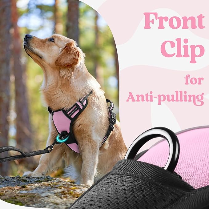 rabbitgoo Dog Harness Medium Sized, No Pull Pet Harness with 3 Buckles, Adjustable Soft Padded Vest with Control Handle, Walking Reflective Pet Vest for Medium Dogs, Pink, M