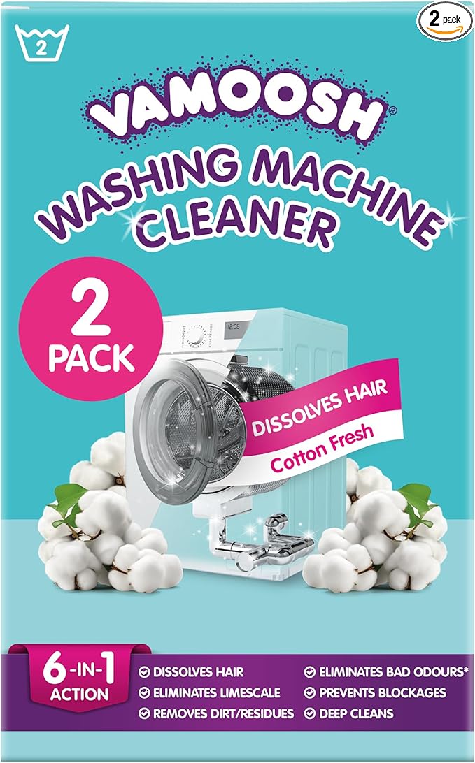 Vamoosh 6-in-1 Washing Machine Cleaner | Dissolves Pet Hair | Leaves No Residue | Removes Limescale | Eliminates Odor | Descales | Cotton Fresh Scent | For Front Load | 150g (Pack of 2)