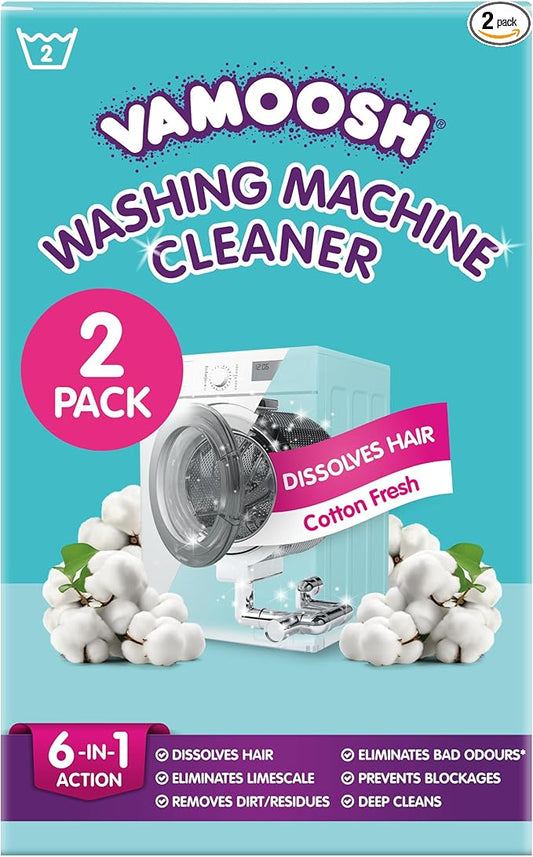 Vamoosh 6-in-1 Washing Machine Cleaner | Dissolves Pet Hair | Leaves No Residue | Removes Limescale | Eliminates Odor | Descales | Cotton Fresh Scent | For Front Load | 150g (Pack of 2)