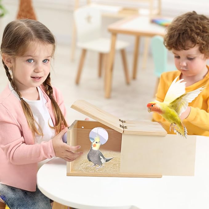 PINVNBY Acrylic Parakeet Nesting Box,Transparent Bird Breeding Box with Detachable Wooden Board Visual Cockatiel House for Budgie Lovebird Conure Parrot (S)