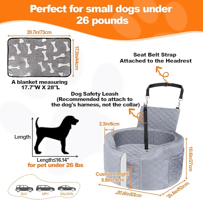 Dog Booster Car Seats for Small Medium Dogs, Fits Dogs Under 19", 28D High-Density Memory Foam with Waterproof Cover, Pet Travel Bed with Storage Pockets, Blanket, Dog Safety Belt