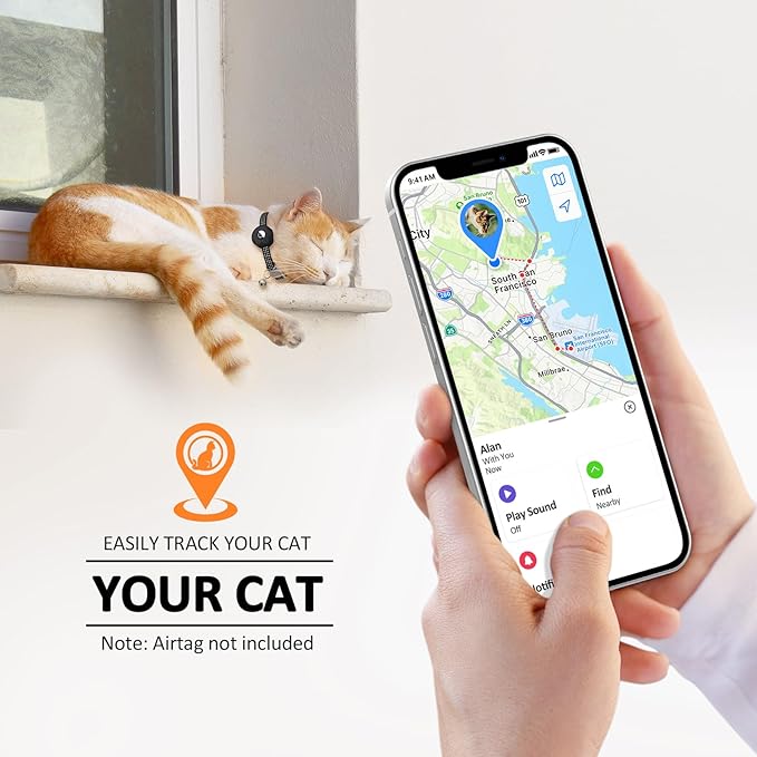 Apple AirTag Cat Collar, GPS Tracker with Reflective Breakaway Design, Lightweight Kitten Collar with Bell (Black/Luminous Blue)