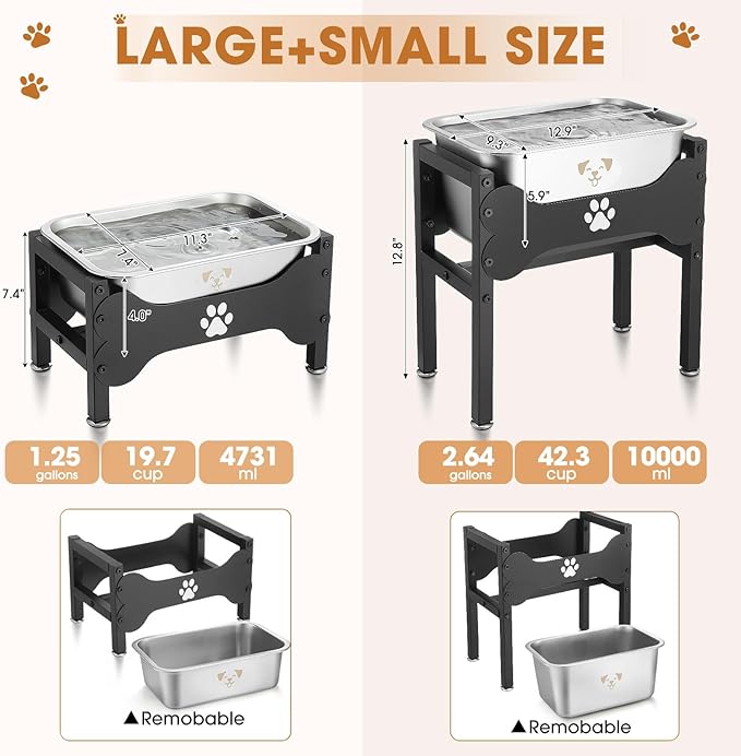 Honeydak 2 Sets Metal Elevated Dog Bowl with Stand Raised Stainless Steel Water Bowl Anti-slip High Capacity Water Food Stand for Small Medium Large Breed Dog Indoor Outdoor(2.64 Gallons,1.25 Gallons)