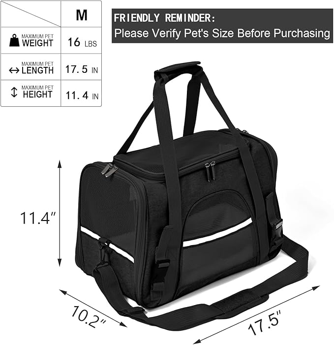 Dog Cat Carrier Soft for Small Pet Up to 16 Lbs TSA Airline Approved Travel Carrier Collapsible Puppy Car Mesh Bag 17.5 * 10.2 * 11.4 inch - Black