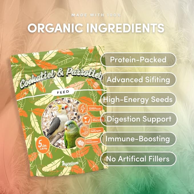 Mycelium Organic Cockatiel & Parrotlet Bird Seed (5 LBS) | Filler-Free Bird Food with Hulled Seeds for Cockatiels & Parrotlets | Supports Daily Energy, Immunity & Digestion | Non-GMO, Made in USA