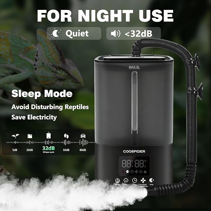 Coospider 5L Reptile Fogger Humidifier, Automatic Humidifiers for Reptiles Tank, Terrarium Humidifiers with Timer and Humidity Control, Reptile Misting System for Reptiles Amphibians Herps Vivarium