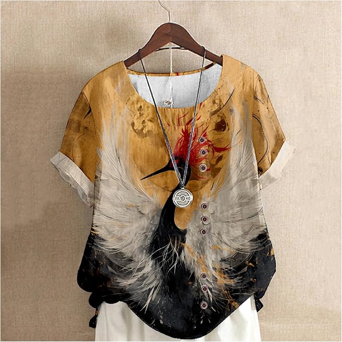 Japanese Print Women Summer Shirts Flower Bird Graphic Plus Size Tunic Tops Crewneck Short Sleeve Blouses