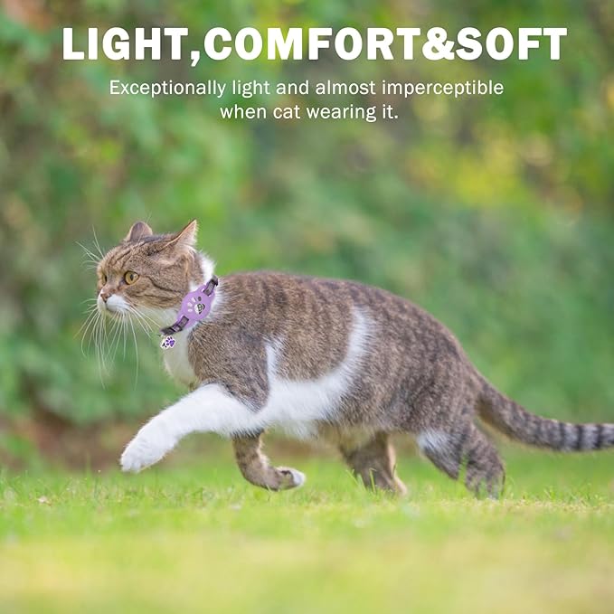 Airtag Cat Collar Breakaway, Reflective Kitten Collar with Bell and Apple Air Tag Holder, GPS Cute Cat Collar, Glow in The Dark Pet Collars for Boy Girl Cats, Kittens, Puppies, Purple