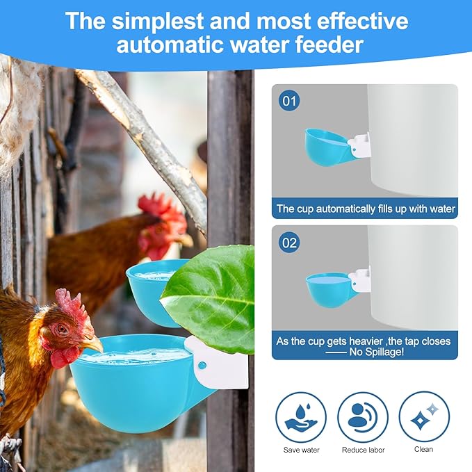 Chicken Waterer Cups (8 Pack/Light Blue) - DIY Automatic Large Chicken Water Feeder for Ducks,Chicks, Turkeys, Quail, Bunny, Bird and Other Various Poultry Dispenser with Matching Drill