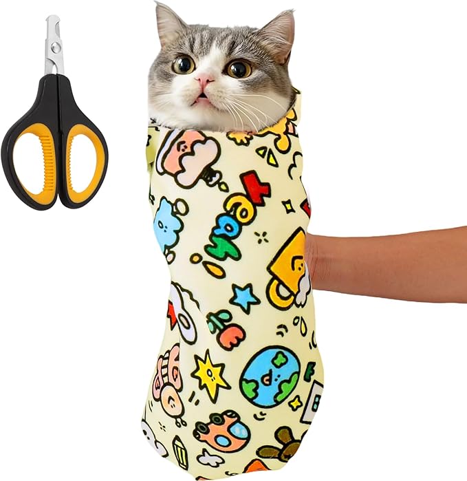 BABORUI Cat Grooming Wrap for Cutting Nails - Self-Adhesive Cat Swaddle Wrap with Nail Clipper, Anti-Scratch Cat Burrito Wrap for Nail Trimming, Cat Grooming Supplies