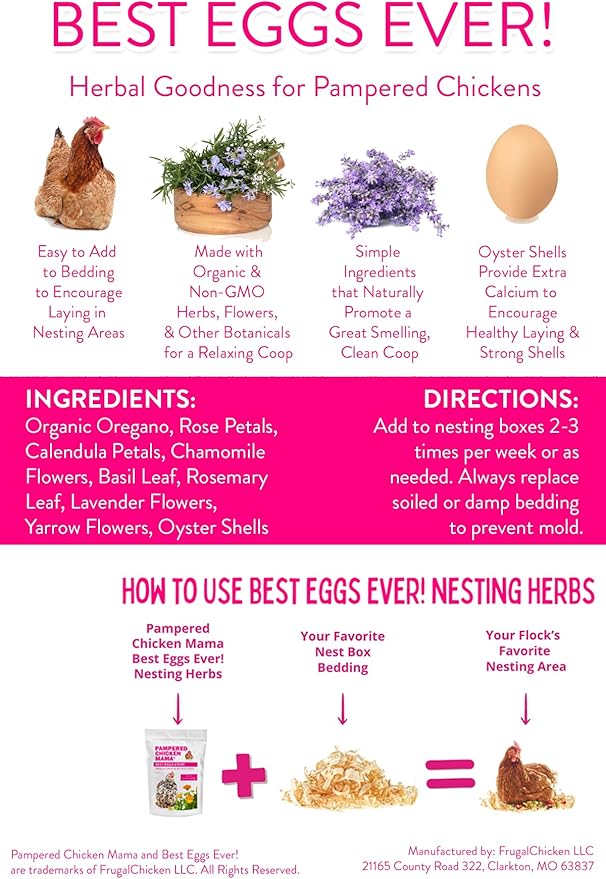 Pampered Chicken Mama Best Eggs Ever! Nesting Herbs for Chickens (2 Pounds Total) for Chicken Nesting Boxes Calcium Supplement for Chickens | Chicken Feed Supplies, Hen Treats for Coops (2 Bags)