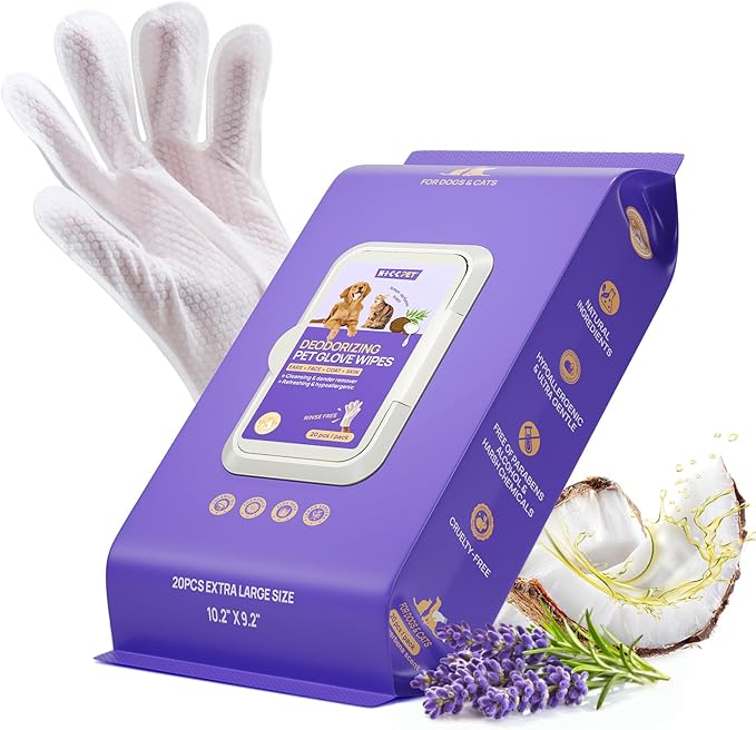 HICC PET Cleaning Deodorizing Glove Wipes for Dogs & Cats, Vet Recommended Hypoallergenic Hydrating & Nourish Fur Pet Grooming Glove Wipes, Pet Bathing Wipes for Horse Coat Care,20pcs Verbena Scent