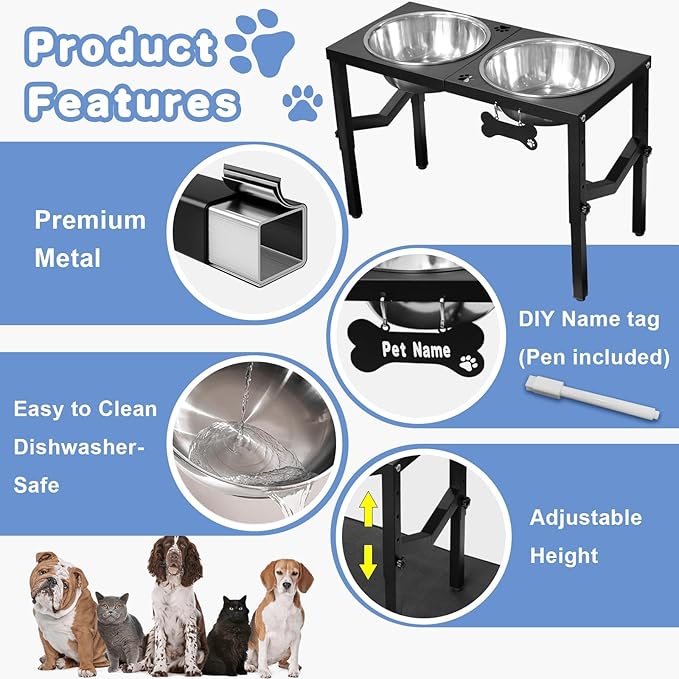 Elevated Dog Bowls, 4 Height Adjustable Metal Raised Bowl Stand with 2 Large 111 oz Stainless Steel Food Bowls & Spill-Proof Mat, Adjusts to 16.2'', 14.4'', 12.6'', 10.8'' for Large/Extra Large Breeds