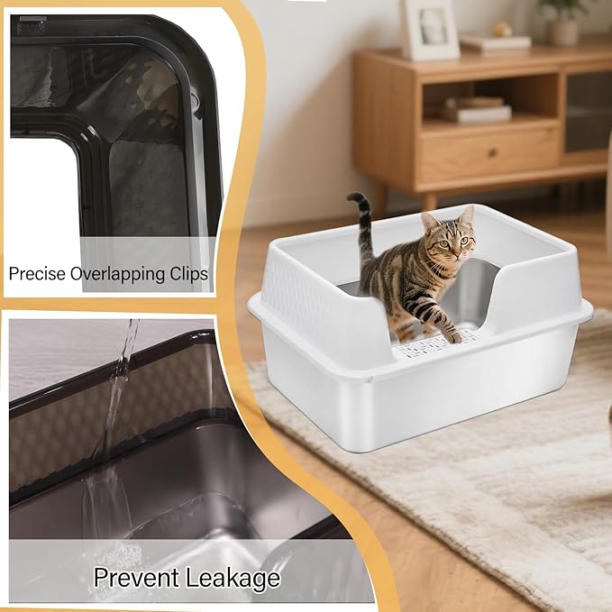 Enclosed High Sided Metal Stainless Steel Cat Litter Box with lid Scoop and Mats for Kittens or Medium Cats, Easy Clean Transparent Black Deep Tall Kitty Litter Box