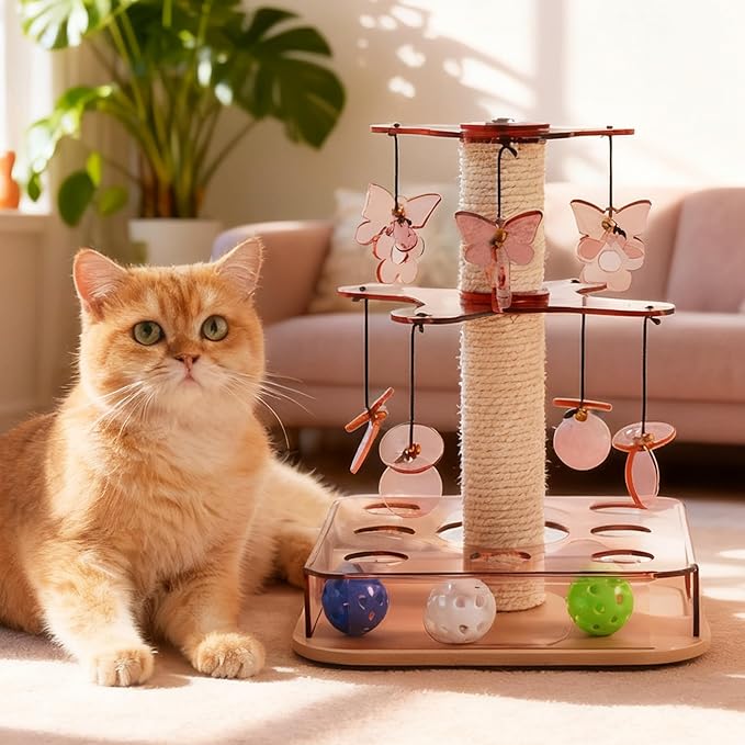 Modern 3-in-1 Interactive Cat Toy with Scratching Post, Cat Puzzle Toys for Indoor Cats with Colorful Jingle Balls, 2-Layer Spinning Teaser Disc with Dangling Toys, Acrylic, Pink