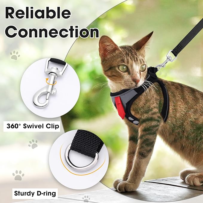 Cat Harness and Leash Set for Walking Escape Proof, Soft Adjustable Kitten Harness Breathable Mesh with Reflective Strips Harness for Kitty Puppy Bunny (Black, Small)