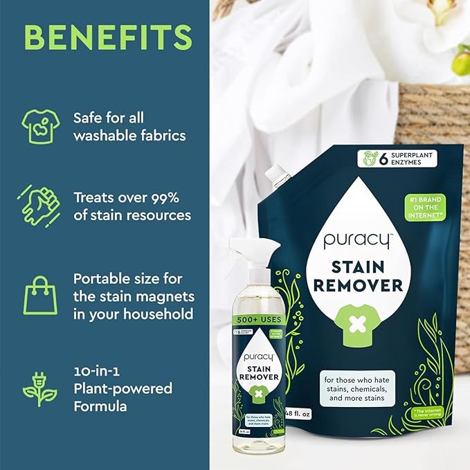 Puracy Stain Remover Cleaning Spray - Enzyme-Powered Stain Removal Spray As Seen on TikTok, Natural Travel Spot Remover for Clothes (Unscented, 48 fl oz + 16 fl oz)