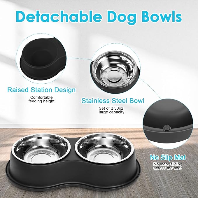 Dog Bowls Large Double Dog Water and Food Bowls Stainless Steel Bowls with Non-Slip Resin Station, Pet Feeder Bowls Food Dish for Small Medium Large Dogs Cats