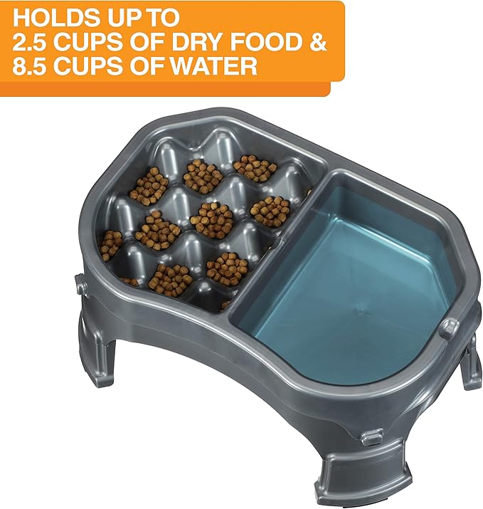 Neater Pet Brands – Neater Raised Slow Feeder Dog Bowl – Elevated and Adjustable Food Height - (Double Diner, Gunmetal)