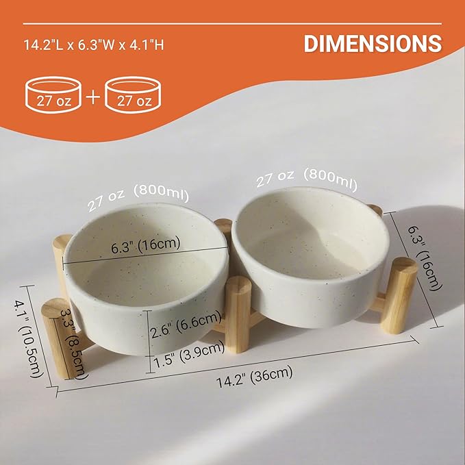 Elevated Dog Bowl & Cat Dish 27oz – Raised Ceramic Pet Food and Water Bowls with Bamboo Stand, Feeding Station for Small & Medium Pets, Prevents Neck Strain – Durable, Premium Quality by Homish