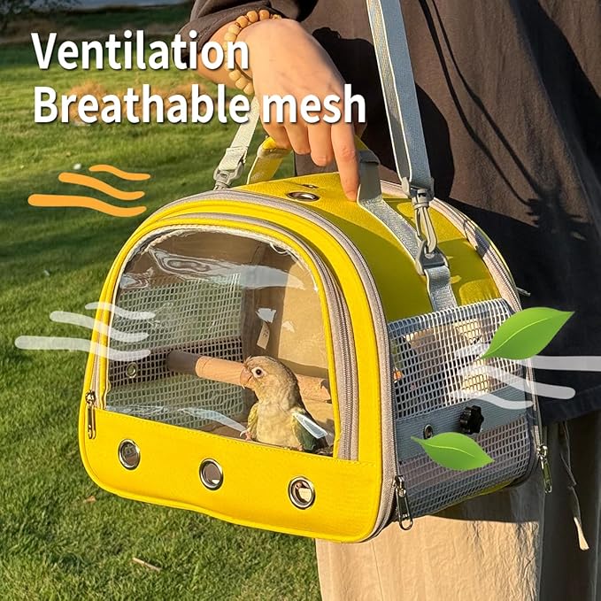Bird Carrier,Bird Cage Parakeet Parrot Budgie Carrier Backpack for Small Birds, Travel Bird Cages with Perch, Transparent Ventilation Cockatiels, Lightweight Pet Carrier for Outdoor Use(Yellow)
