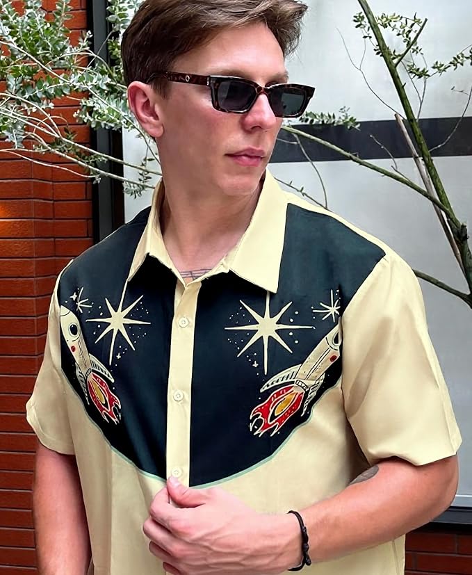 Men’s Hawaiian Shirt Western Cowboy Symmetrical Print Short Sleeve Button Down Casual Beach Holiday Summer Shirt