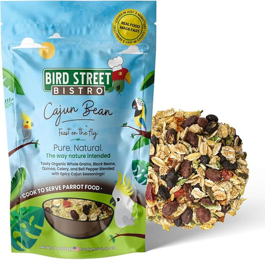 Bird Street Bistro Parrot Food for Parakeets & Cockatiels - Cajun Bean - 20 oz - Cooks in 3-15 min, Natural & Organic Grains, Fruits & Vegetables - USA Made