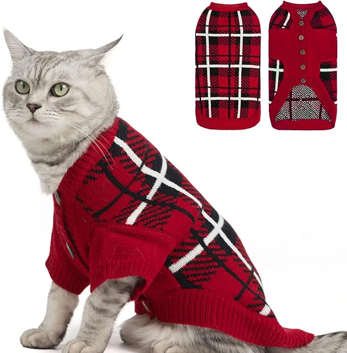 EXPAWLORER Cat Sweater Cardigan - Stylish Knit Cat Clothes, Plaid British Style Soft Puppy Sweater with Sleeve, Warm Pet Clothing Knitwear, Fall Winter Kitten Coat for Girl Boy Cats, Red L